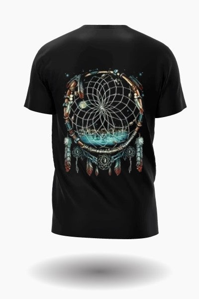 Wolfgang with dreamcatcher in a Native American style T-shirt
